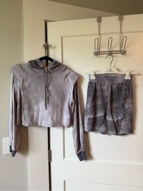 Lovers + Friends Gray Cropped Hoodie & Shorts Set